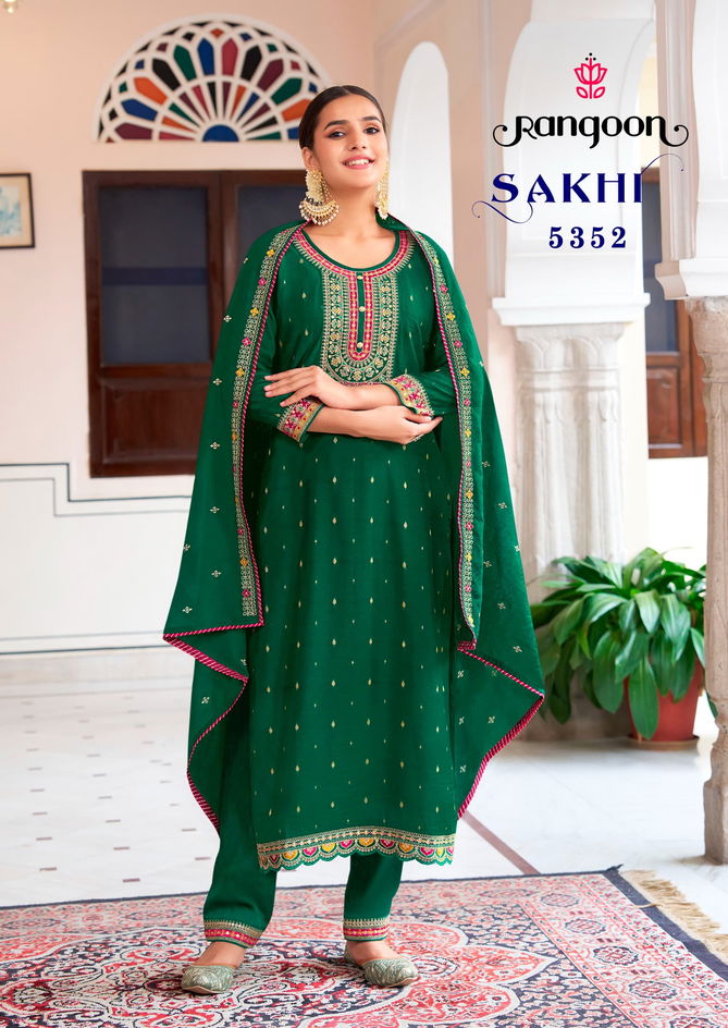 Sakhi Rangoon Embroidery Viscose Jacquard Kurti With Bottom Dupatta Wholesale Market In Surat